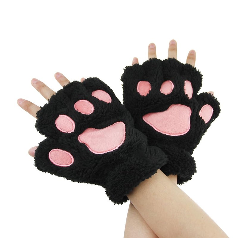 Ylucky Girls Cartoon Bear Claw Gloves Half Finger Paw Gloves Winter Warm Plush Faux Fur Mittens Hand Wear - Image 1